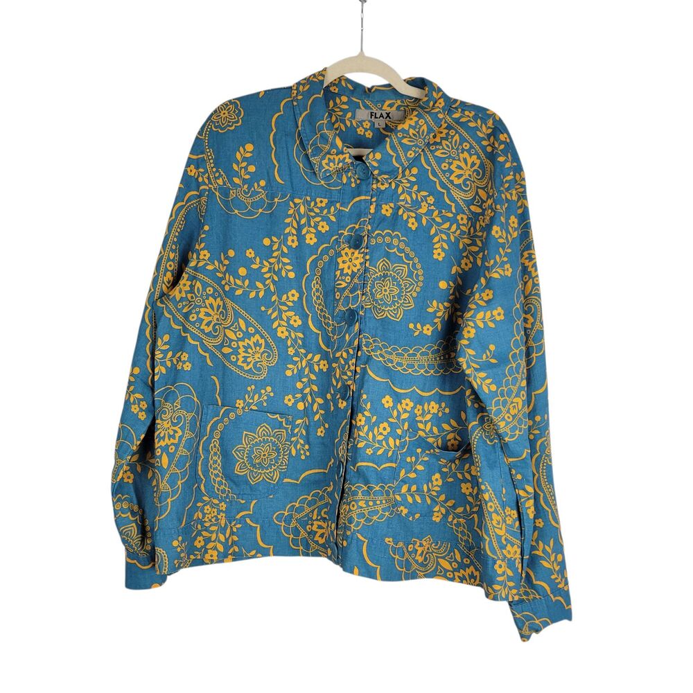 Flax 100% Linen Long Sleeve Button Down Jacket Top Large Blue and Yellow Pockets